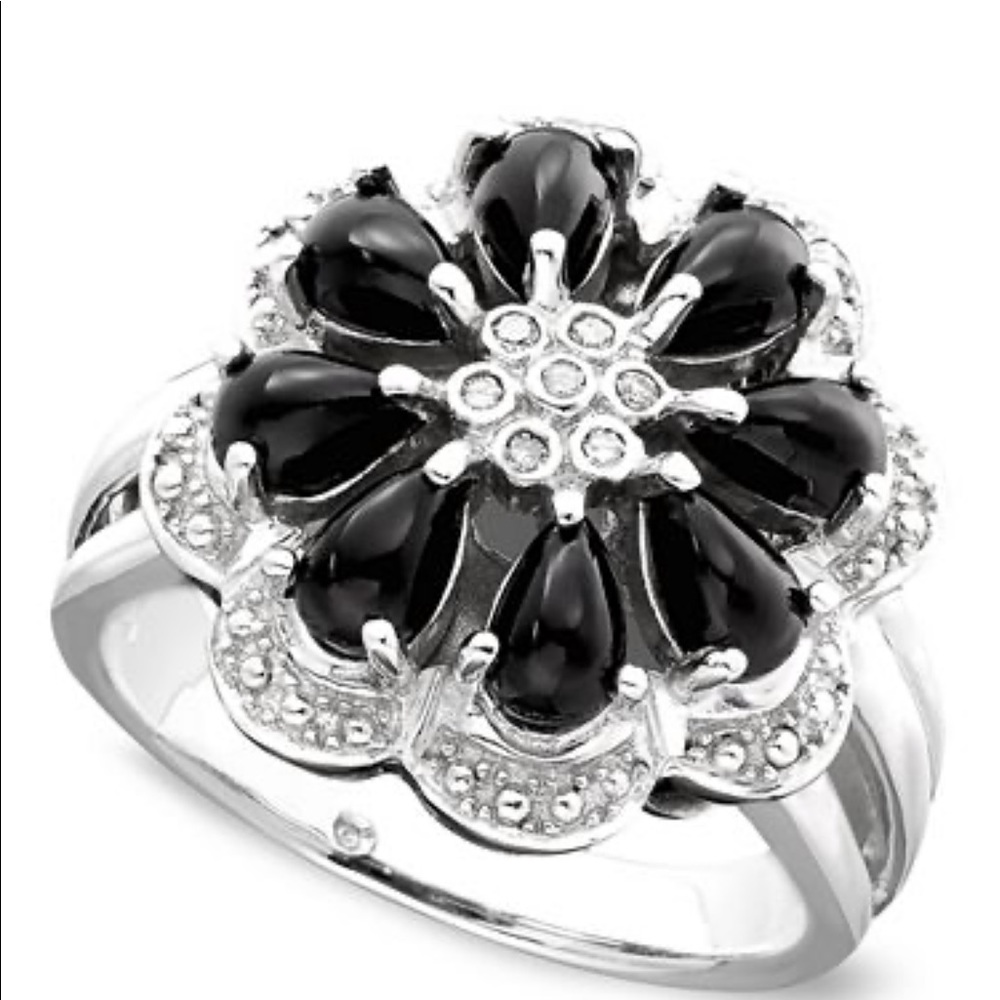 Onyx & Accent Diamond flower in sterling silver